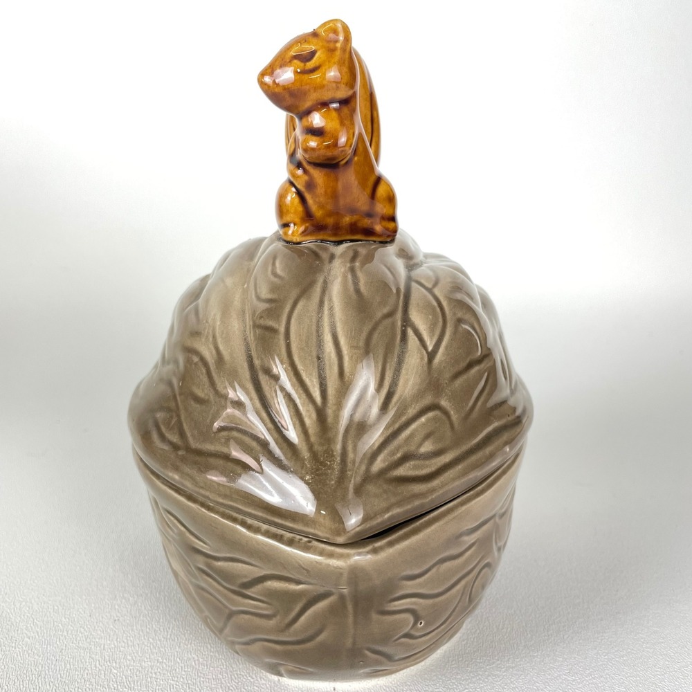 Vintage Ceramic Walnut Lidded Dish Squirrel Finial Candy Nut Bowl Brown Taiwan - Picture 3 of 9